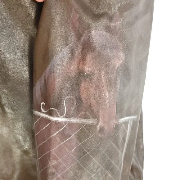 Leather Jacket Women's Large? Brown Zip Front Hand Painted Horses Modified - Picture 5 of 16